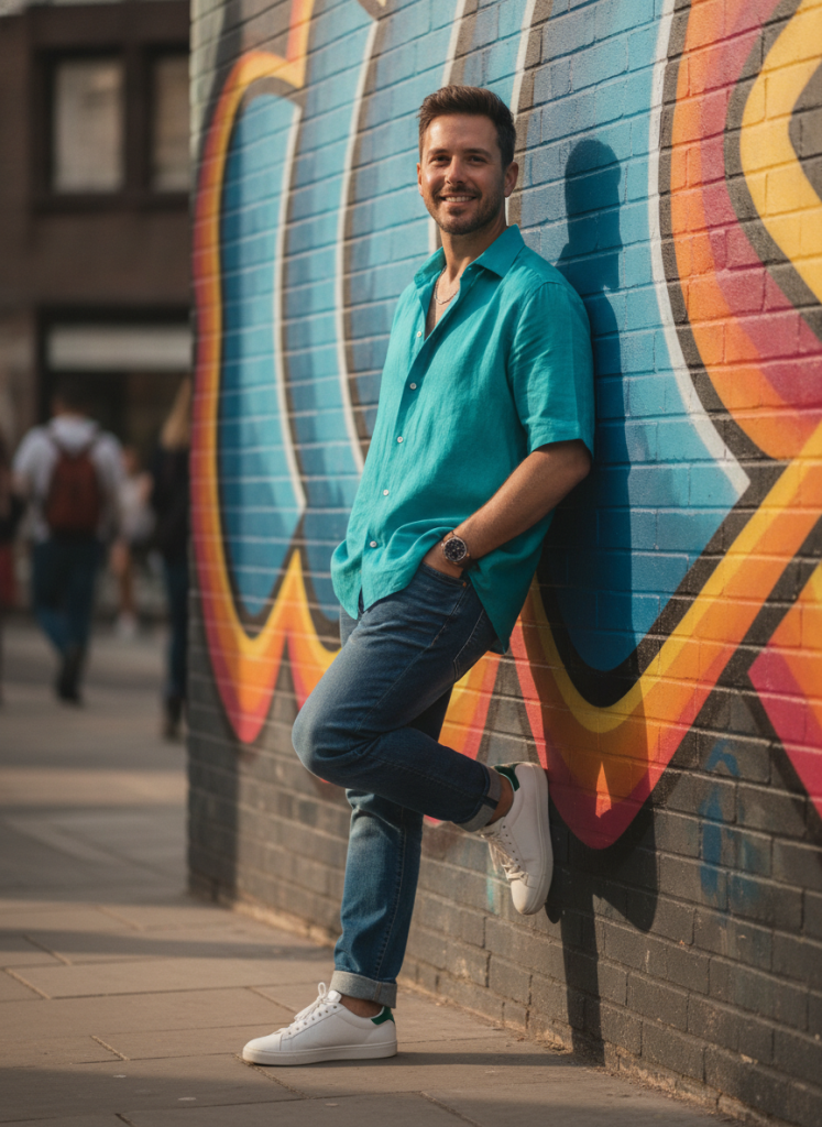 a-stylish-man-wearing-a-bright-teal-colombian-linen-shirt-and-high-quality a-stylish-man-wearing-a-bright-teal-colombian-linen-shirt-and-high-quality